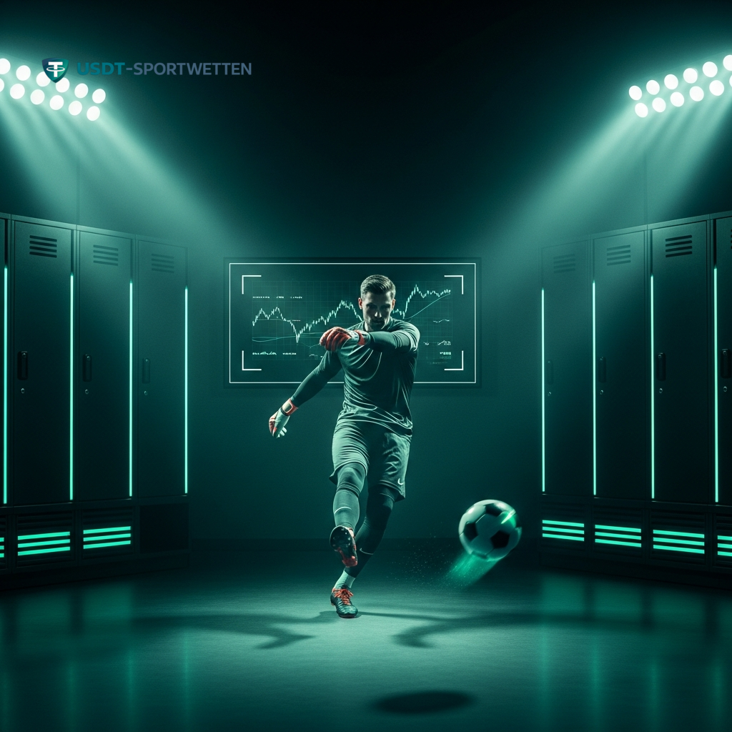 Ein Fußballprofi in einer modernen, teal-beleuchteten Umkleidekabine, der einen leuchtenden Ball tritt und die technologische Vorbereitung der Top-Teams bei der WM symbolisiert.