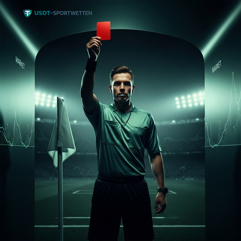 Ein Fußballschiedsrichter zeigt eine rote Karte vor dem Hintergrund von Finanzmarkt-Graphen, eine Metapher für die strategischen Entscheidungen bei Krypto-Wettmärkten zur WM.