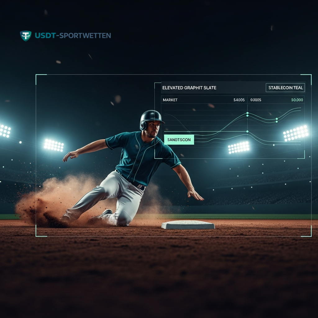 A baseball player slides into base with a digital overlay of financial market graphs, visualizing tactical analysis and crypto betting data.