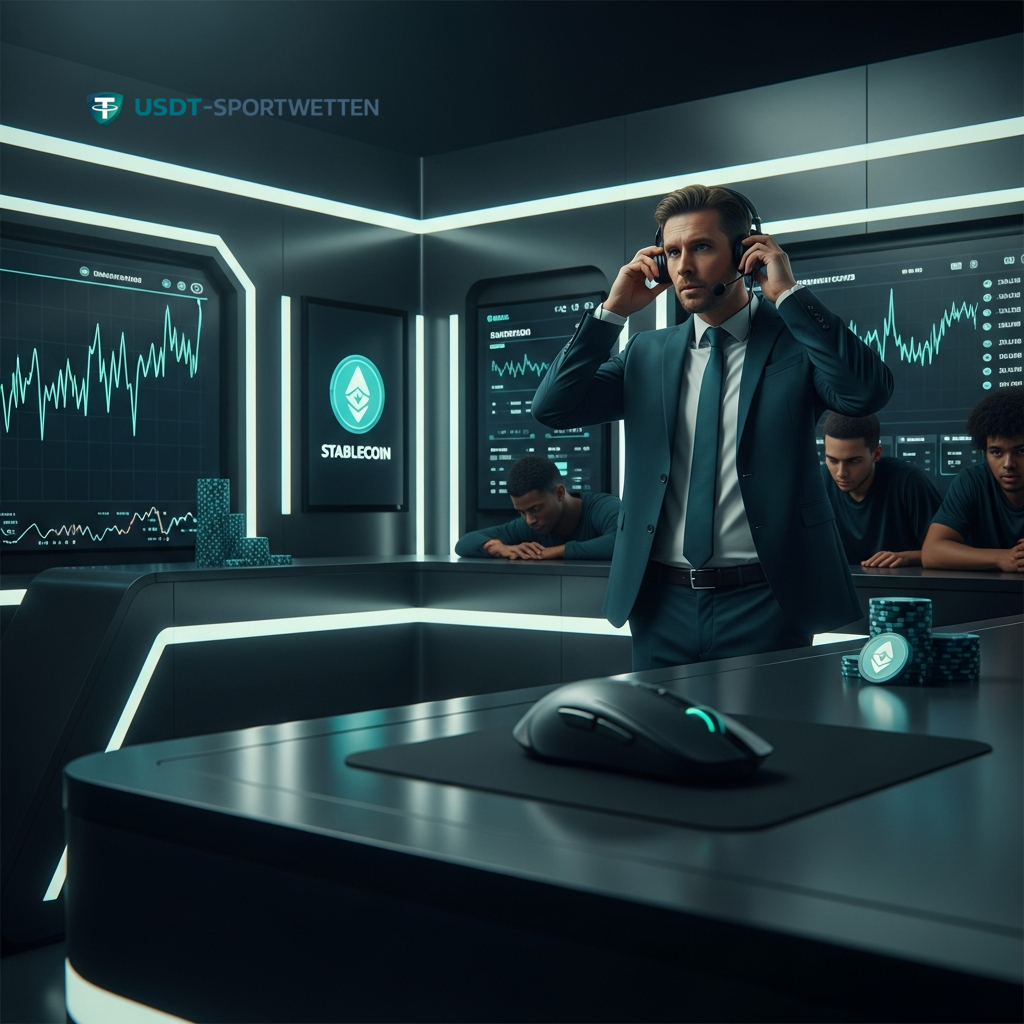 Ein Nutzer tätigt eine Krypto-Einzahlung in einem hochmodernen Trading-Raum, was den einfachen und sicheren Prozess der Sportwetten mit Stablecoins wie USDT veranschaulicht.
